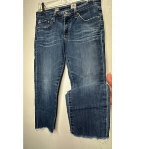 AG Medium Wash Whiskered Raw Hem Stilt Crop Cigarette Crop Jean 29